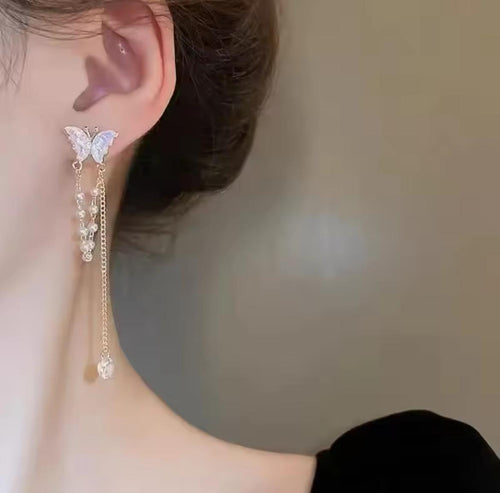 Elegant Butterfly with Pearl Tassels Drop Earrings