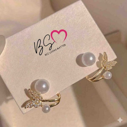 Butterfly Pearl Korean Earrings - Golden