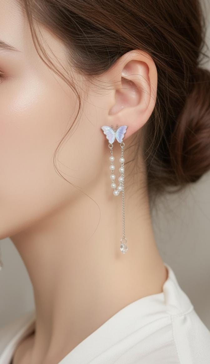 Elegant Butterfly with Pearl Tassels Drop Earrings