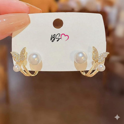 Butterfly Pearl Korean Earrings - Golden