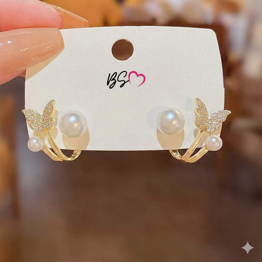 Butterfly Pearl Korean Earrings - Golden