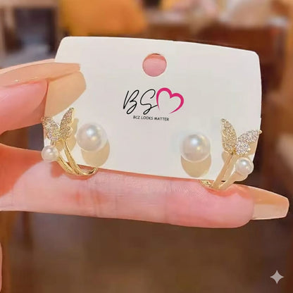 Butterfly Pearl Korean Earrings - Golden