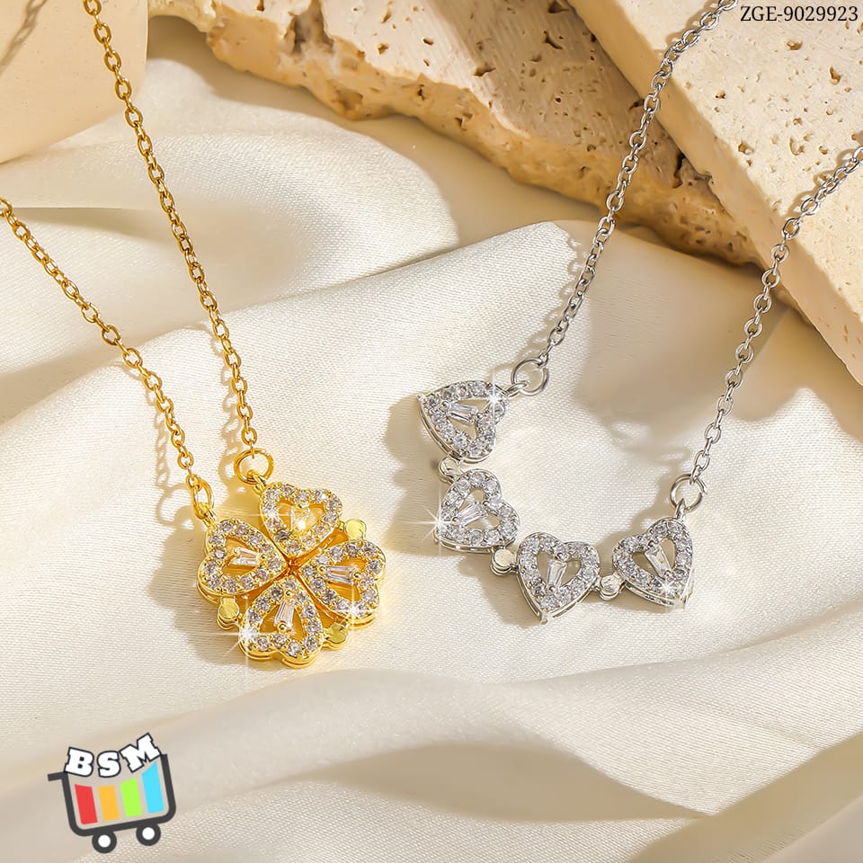 Korean Magnetic 4 Leaf Clover Pendant Necklace- Golden