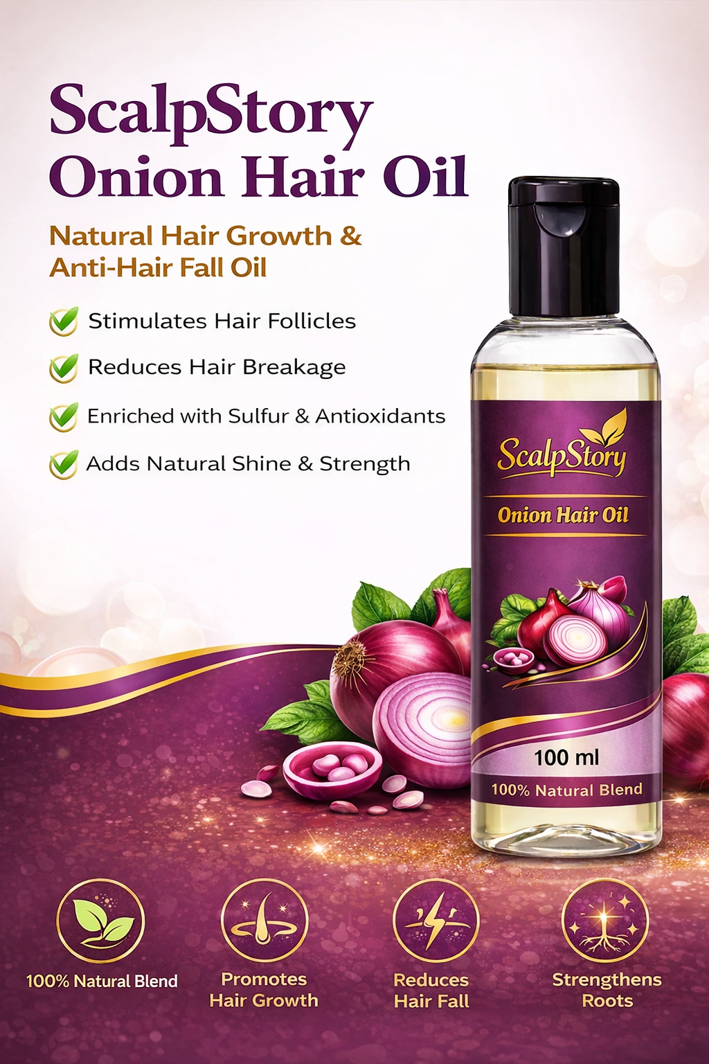Onion Hair Oil – Natural Hair Growth & Anti-Hair Fall Oil with Sulfur & Antioxidants | Strengthens Roots & Adds Shine