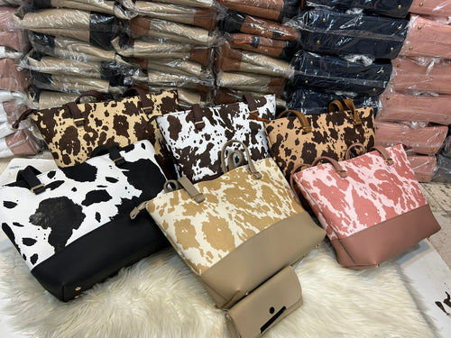 2 Pcs Premium Cow Print Tote Bag Set for Women – Black