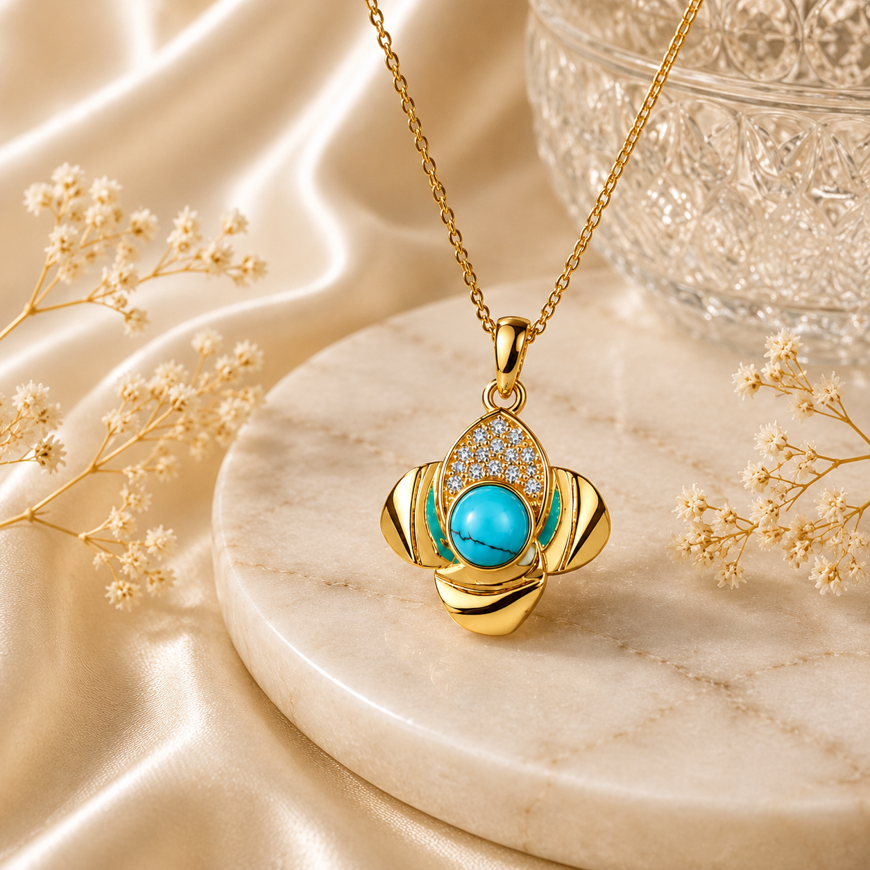 Turquoise Bloom – Elegant Gold & Turquoise Pendant Necklace