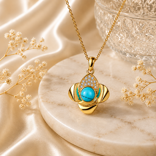 Turquoise Bloom – Elegant Gold & Turquoise Pendant Necklace