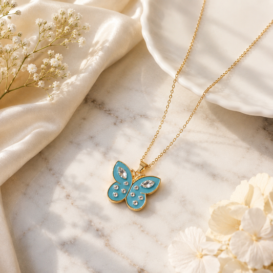 Sky Bloom Butterfly Pendant Necklace | Luxury Gold-Tone Chain