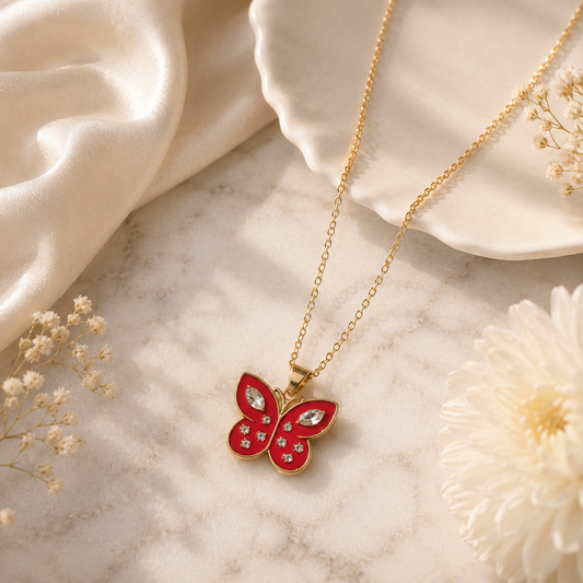 Rose Flame Butterfly Pendant Necklace | Luxury Gold-Tone Chain