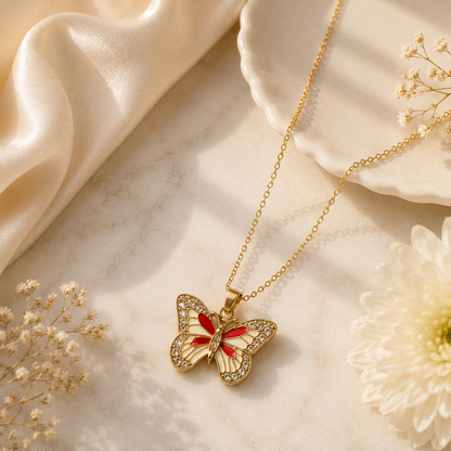 Ruby Butterfly Pendant Necklace | Luxury Gold-Tone Chain