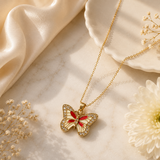 Ruby Butterfly Pendant Necklace | Luxury Gold-Tone Chain