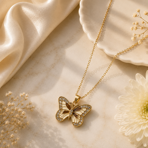 Champagne Butterfly Pendant Necklace | Luxury Gold-Tone Chain
