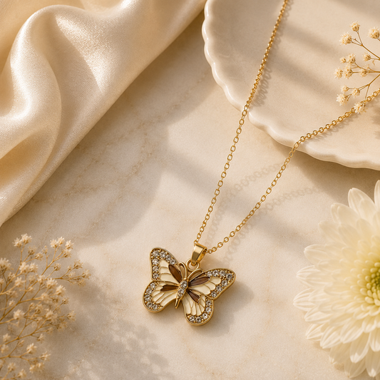 Champagne Butterfly Pendant Necklace | Luxury Gold-Tone Chain