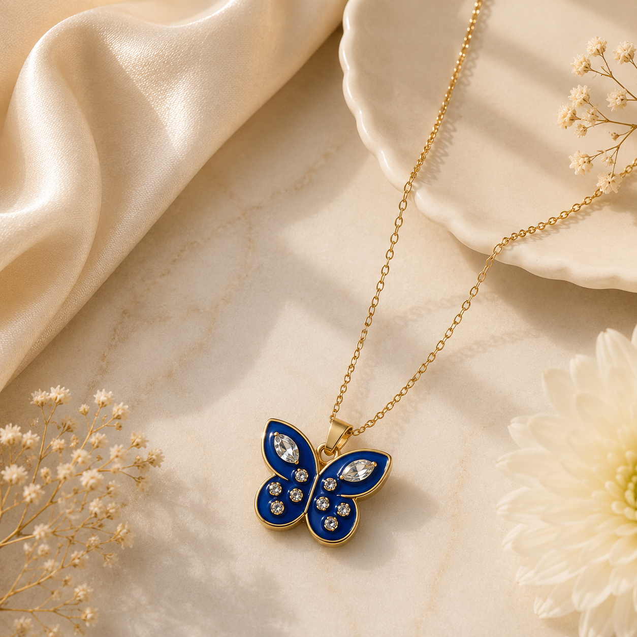 Sapphire Butterfly Pendant Necklace | Luxury Gold-Tone Chain