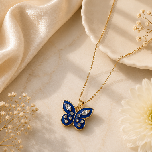 Sapphire Butterfly Pendant Necklace | Luxury Gold-Tone Chain