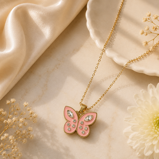 Blush Butterfly Pendant Necklace | Luxury Gold-Tone Chain