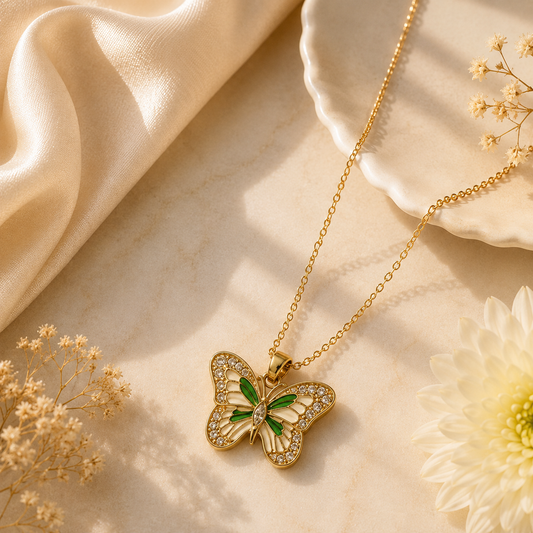 Emerald Butterfly Pendant Necklace | Luxury Gold-Tone Chain