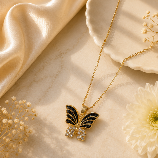 Midnight Butterfly Pendant Necklace | Luxury Gold-Tone Chain