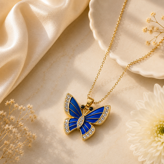 Royal Sapphire Butterfly Pendant Necklace | Luxury Gold-Tone Chain