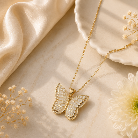 White Butterfly Pendant Necklace | Elegant Gold-Tone Chain