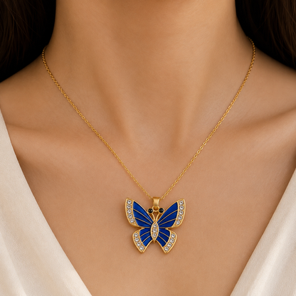 Royal Sapphire Butterfly Pendant Necklace | Luxury Gold-Tone Chain