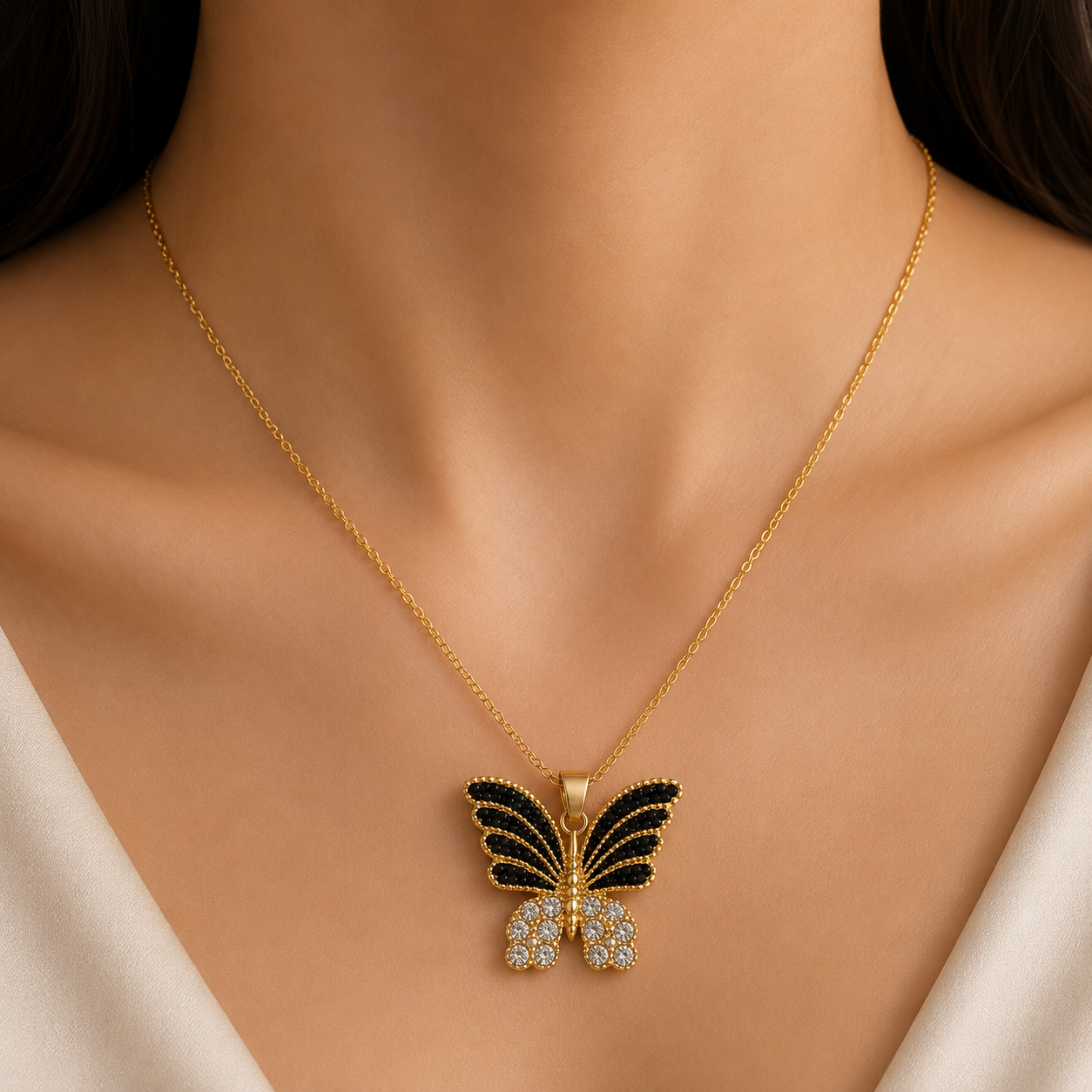 Midnight Butterfly Pendant Necklace | Luxury Gold-Tone Chain
