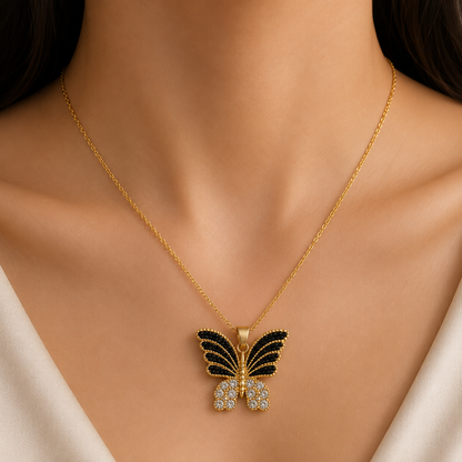 Midnight Butterfly Pendant Necklace | Luxury Gold-Tone Chain