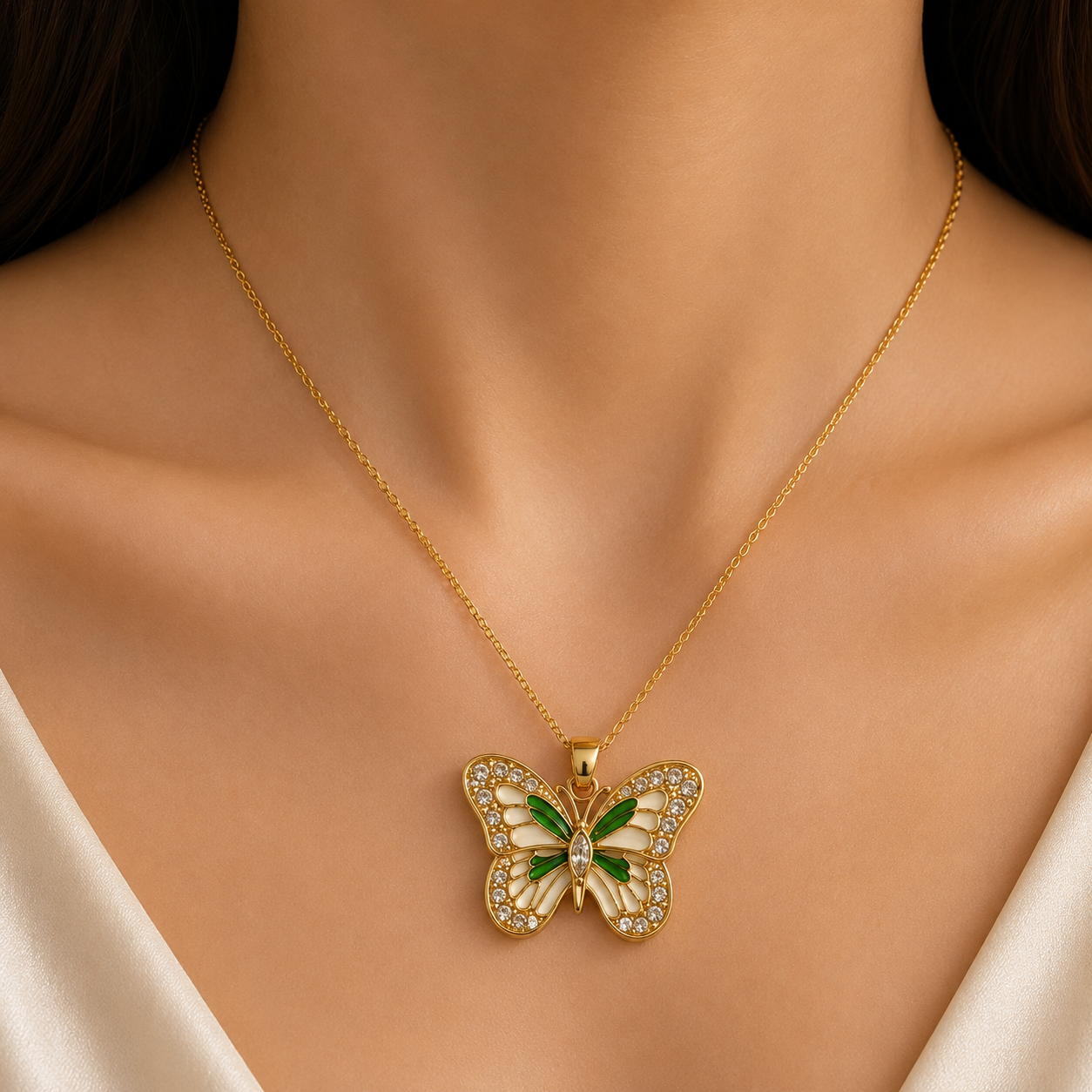 Emerald Butterfly Pendant Necklace | Luxury Gold-Tone Chain