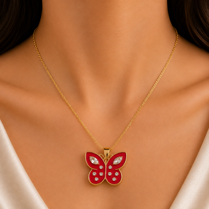 Rose Flame Butterfly Pendant Necklace | Luxury Gold-Tone Chain