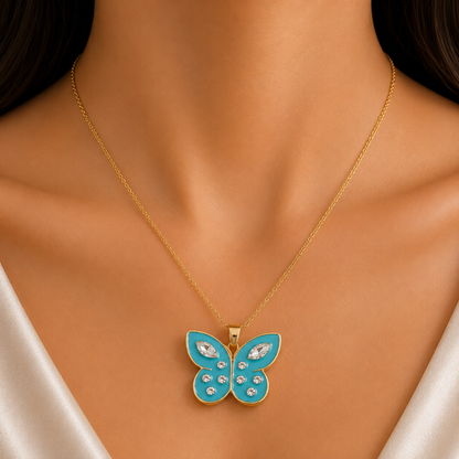 Sky Bloom Butterfly Pendant Necklace | Luxury Gold-Tone Chain