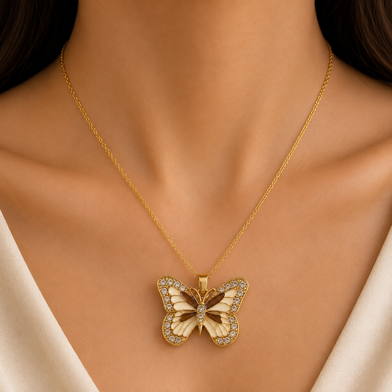 Champagne Butterfly Pendant Necklace | Luxury Gold-Tone Chain