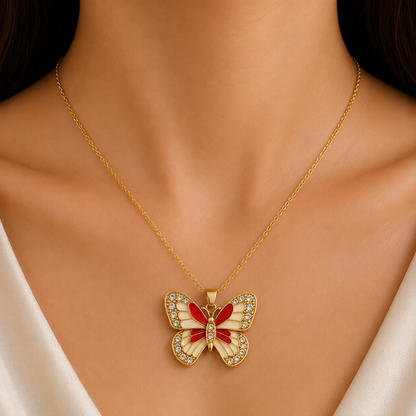 Ruby Butterfly Pendant Necklace | Luxury Gold-Tone Chain