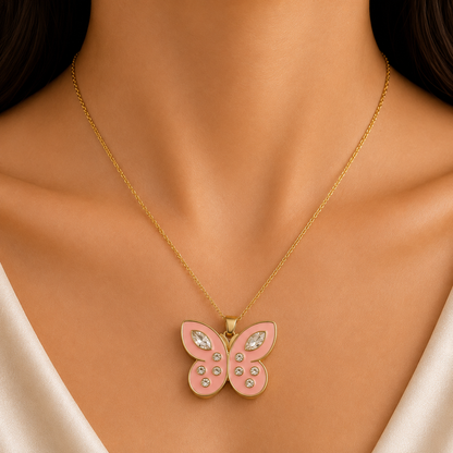Blush Butterfly Pendant Necklace | Luxury Gold-Tone Chain