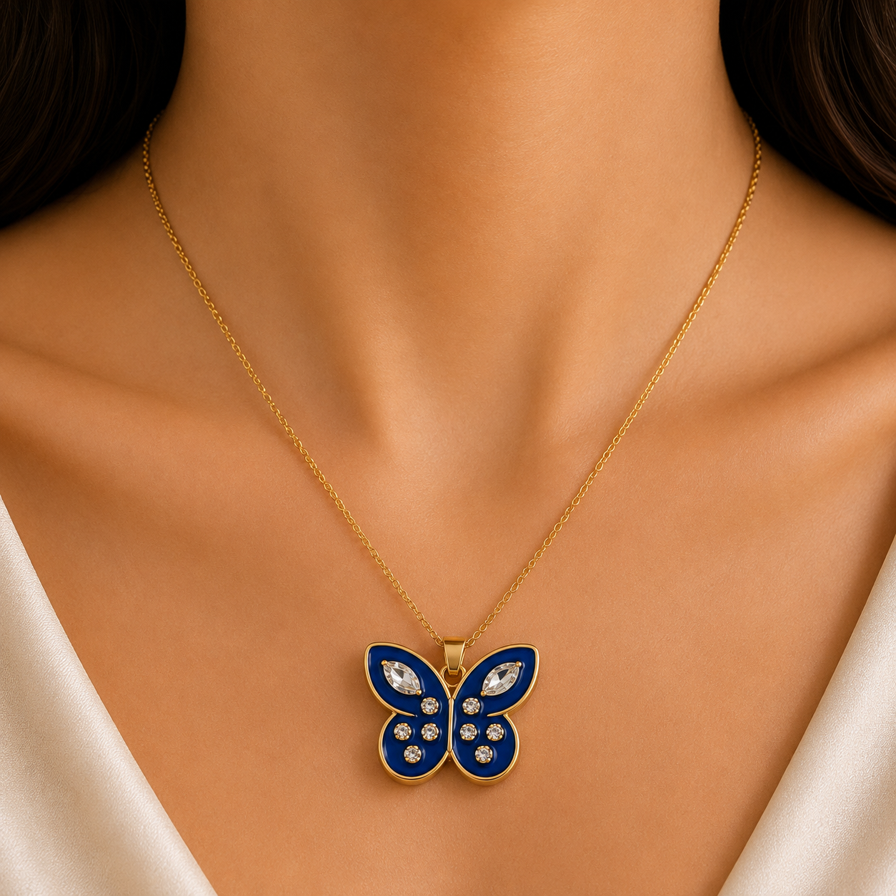 Sapphire Butterfly Pendant Necklace | Luxury Gold-Tone Chain