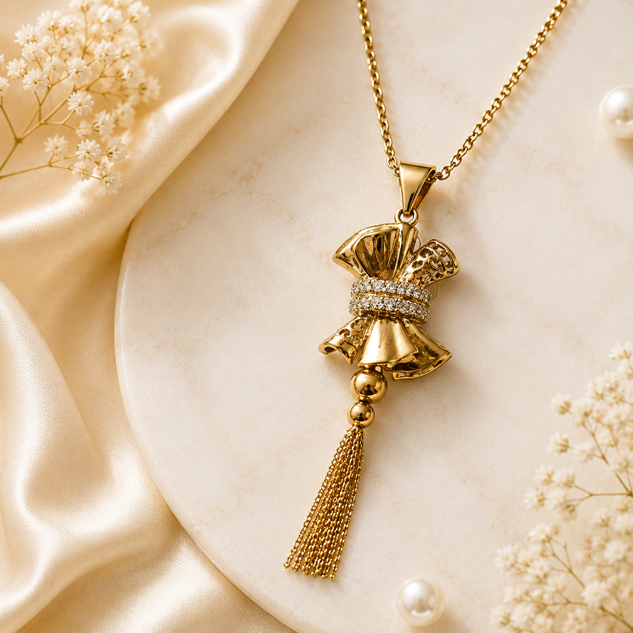 Royal Bow Tassel Necklace | Elegant Gold-Tone Statement Pendant