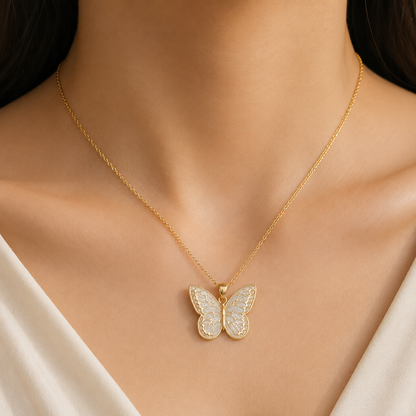 White Butterfly Pendant Necklace | Elegant Gold-Tone Chain