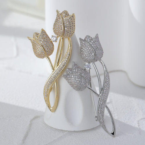 Tulip Brooch with Sparkling Stones Silver Tone
